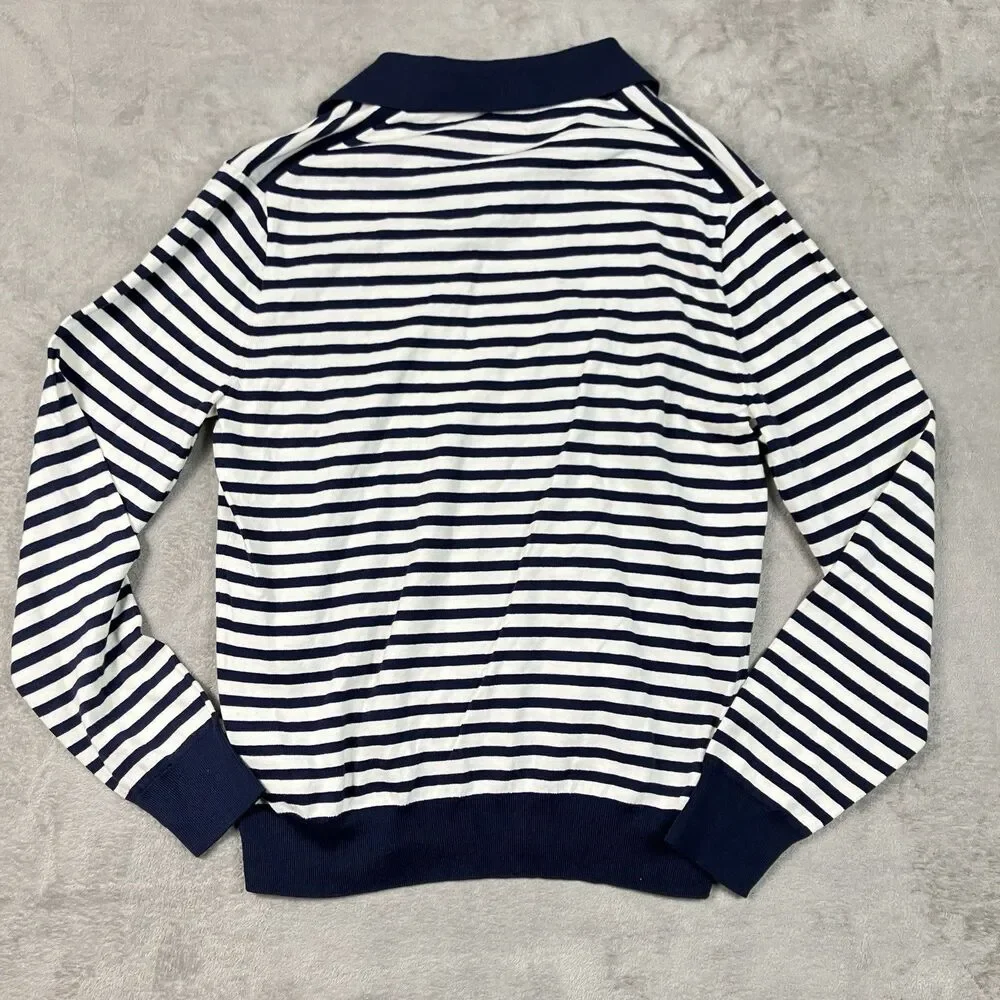J Crew Johnny Collar Sweater Polo Mens M Navy White Stripe Cotton Long Sleeve